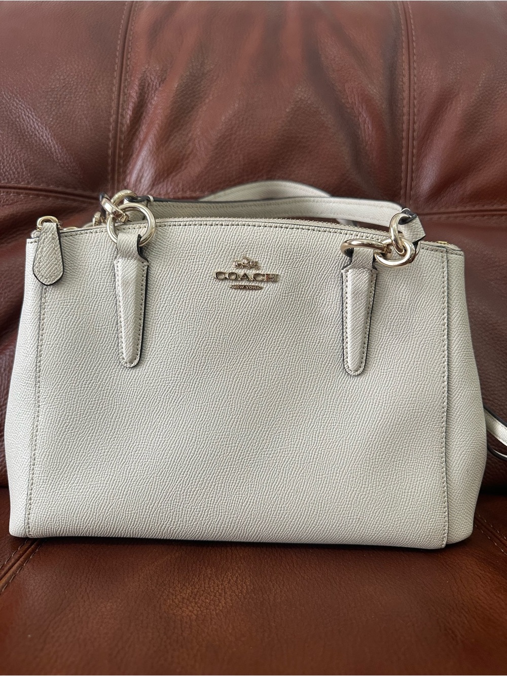 Coach Pebbled Leather Satchel in Off-White with Gold Hardware